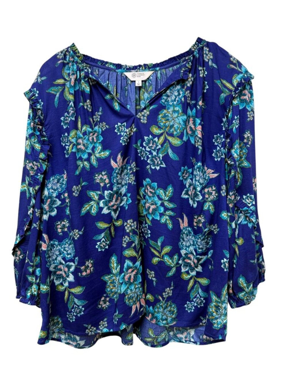 Candace Cameron Bure Blue Floral Blouse Womens Large Ruffle Sleeve Peasant Top